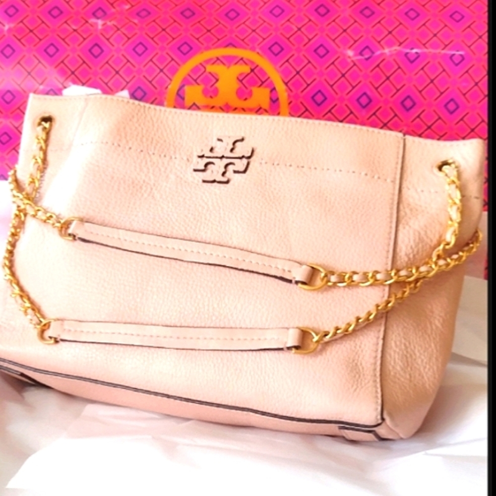 Tory Burch Vintage Salmon 🛍️ Gold 🪙 HW Braids Pebbled Leather Tote - Picture 2 of 16